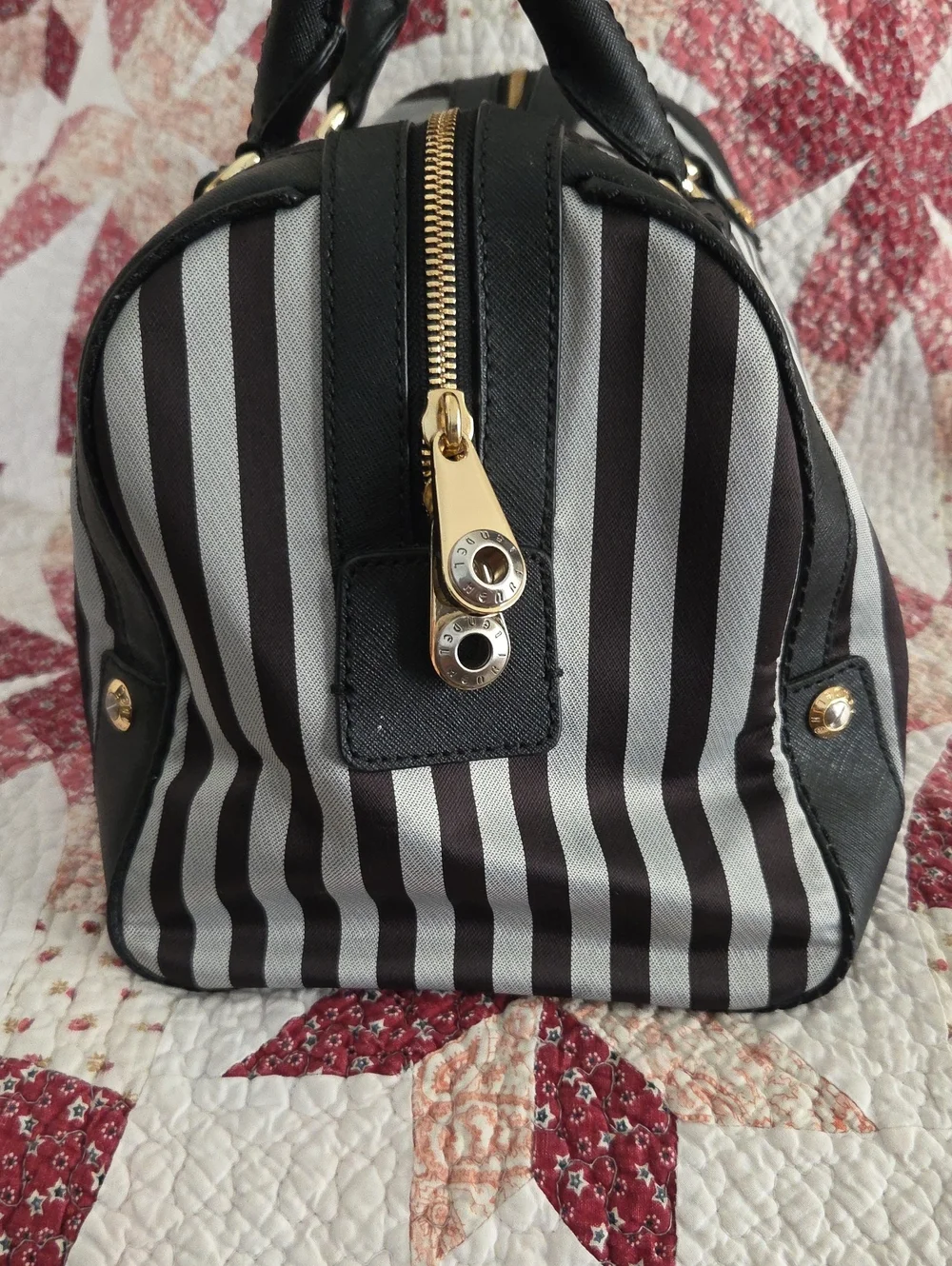 henri bendel Black and Grey Striped Dome Satchel with Gold Hardware